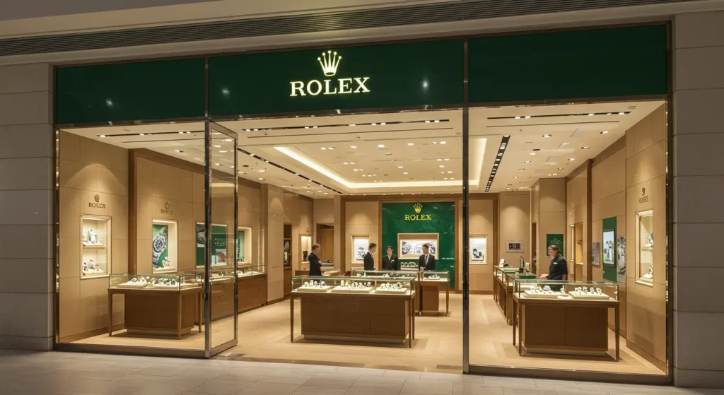 Official Rolex boutique with the brand’s crown logo and a showcase of authentic luxury watches