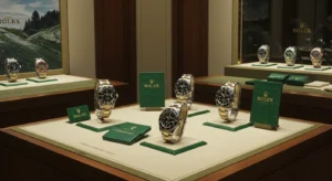 Authentic Rolex watches displayed in a luxurious boutique