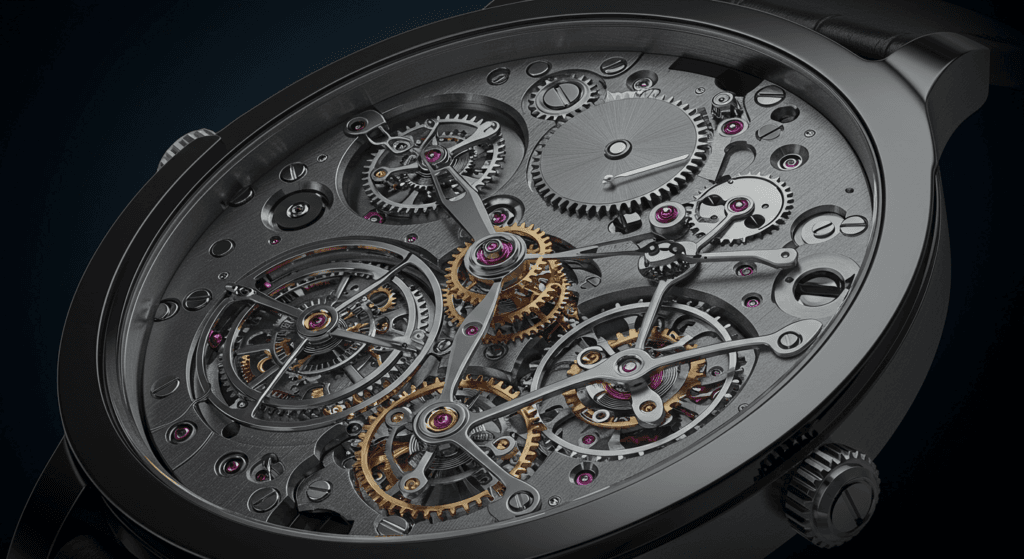 Close-up of a tourbillon's intricate internal components, including the rotating cage, escapement, and balance wheel, illuminated under studio lighting to highlight every detail