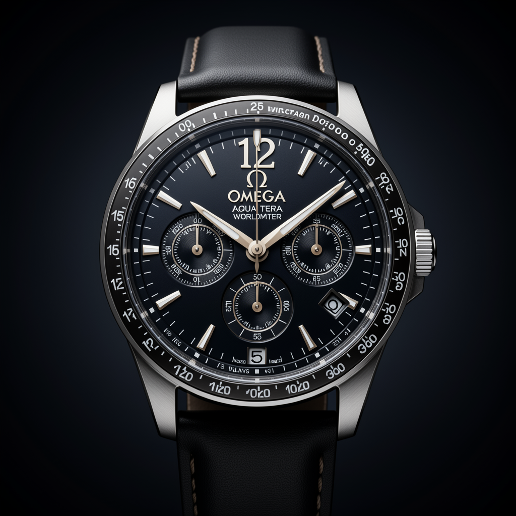 Luxury Omega Aqua Terra Worldtimer timepiece, professional product photography, elegant dark background with gradient, dramatic lighting, macro detail, premium quality, 4K, sharp focus