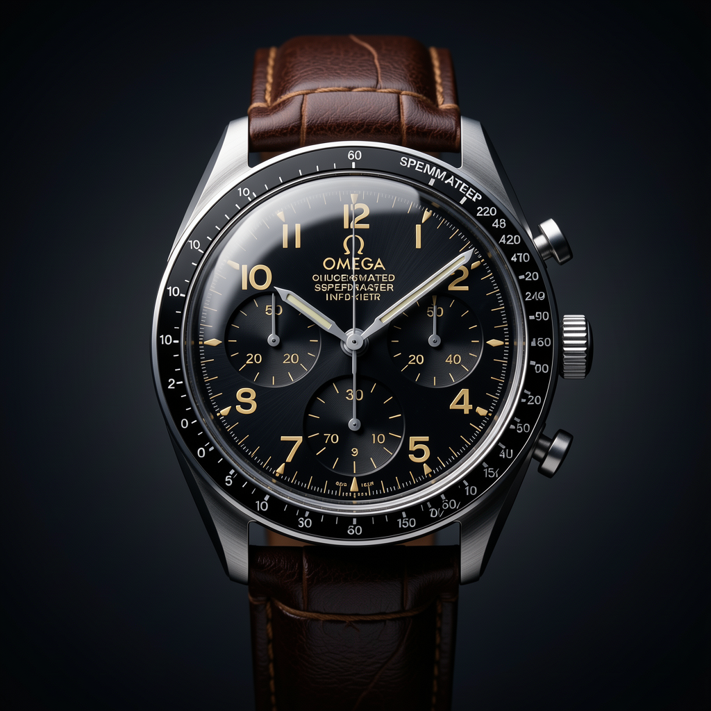 Luxury Vintage Omega Speedmaster timepiece, professional product photography, elegant dark background with gradient, dramatic lighting, macro detail, premium quality, 4K, sharp focus