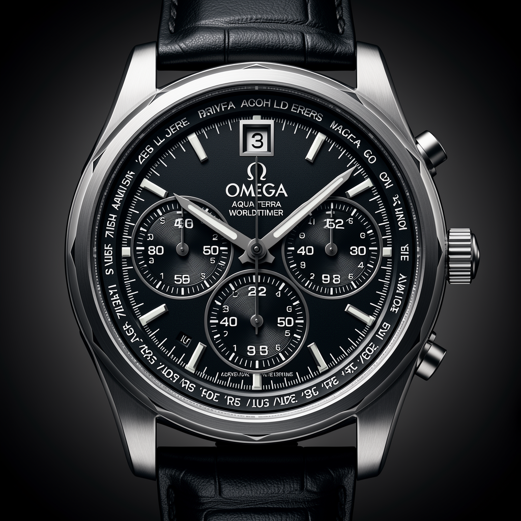 Luxury Omega Aqua Terra Worldtimer timepiece, professional product photography, elegant dark background with gradient, dramatic lighting, macro detail, premium quality, 4K, sharp focus