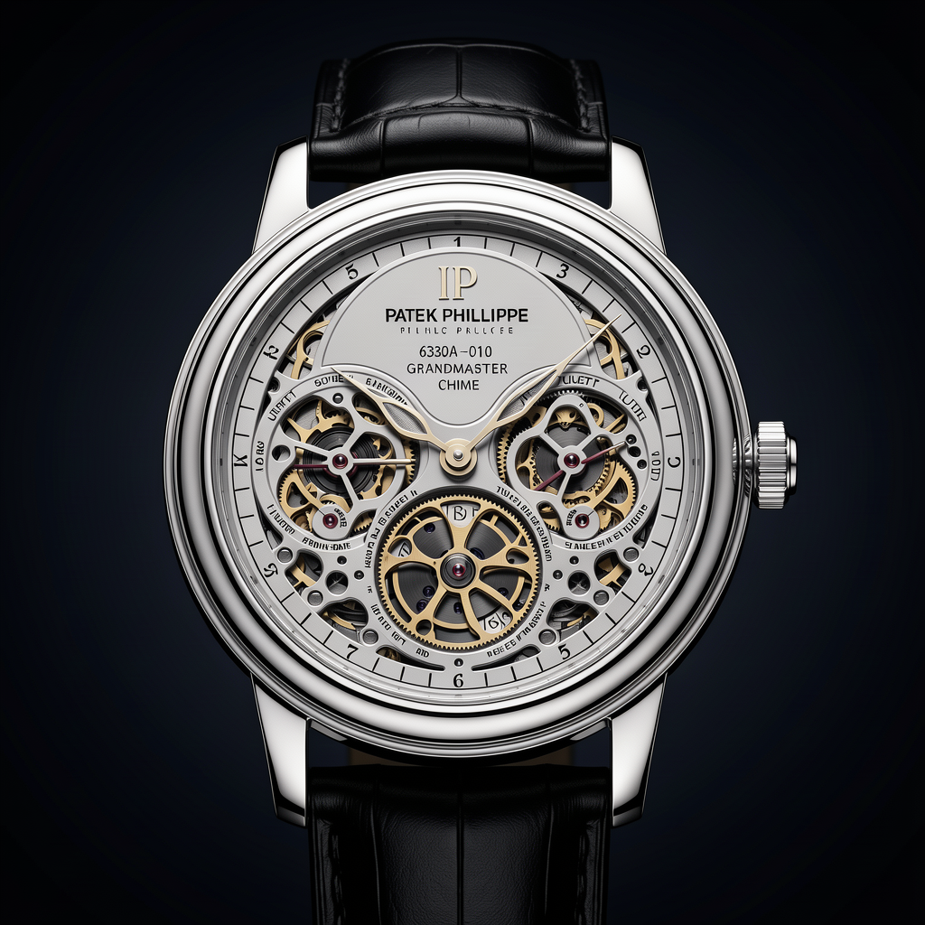 Luxury Patek Philippe Grandmaster Chime Ref. 6300A-010 timepiece, professional product photography, elegant dark background with gradient, dramatic lighting, macro detail, premium quality, 4K, sharp focus