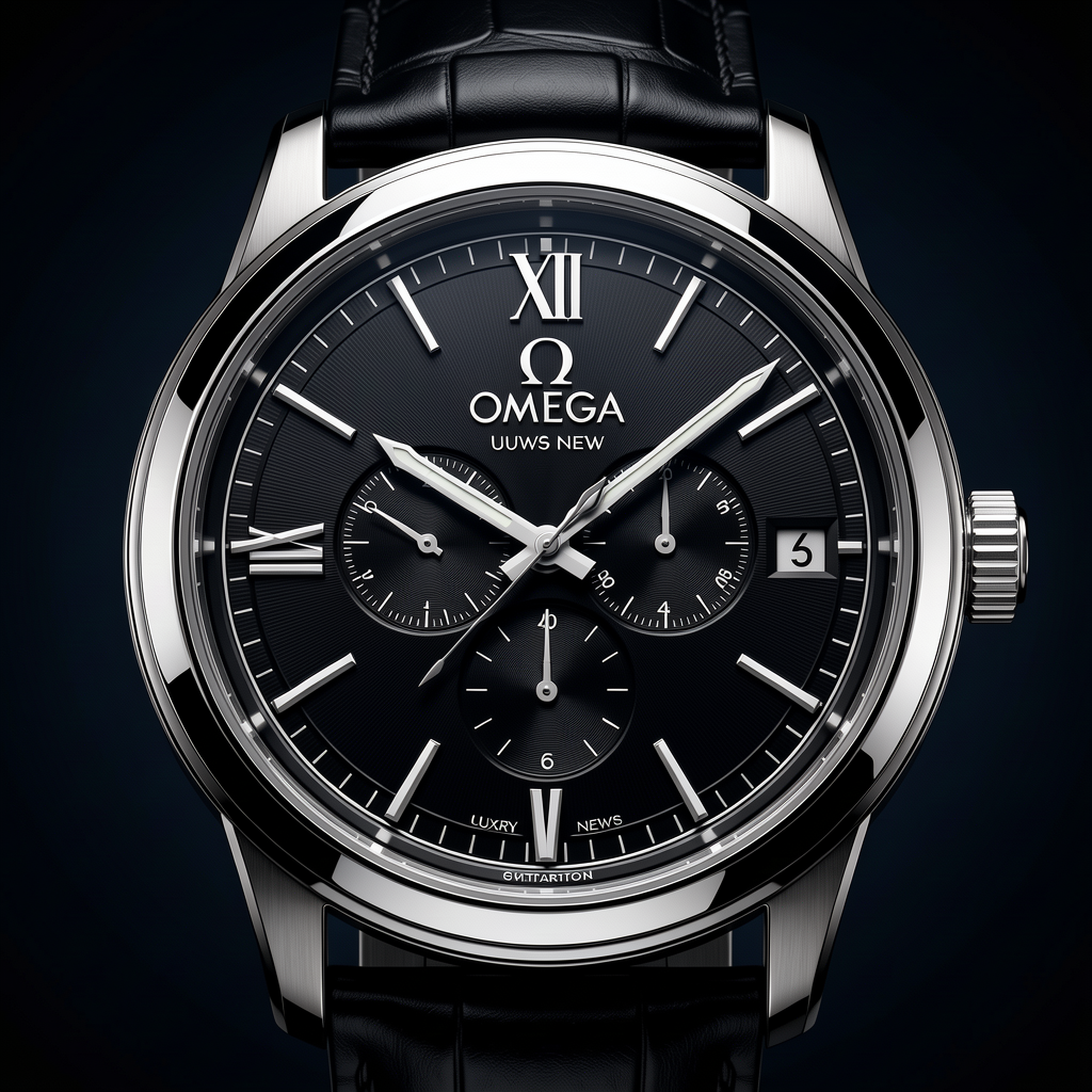 Luxury Omega Watch News timepiece, professional product photography, elegant dark background with gradient, dramatic lighting, macro detail, premium quality, 4K, sharp focus