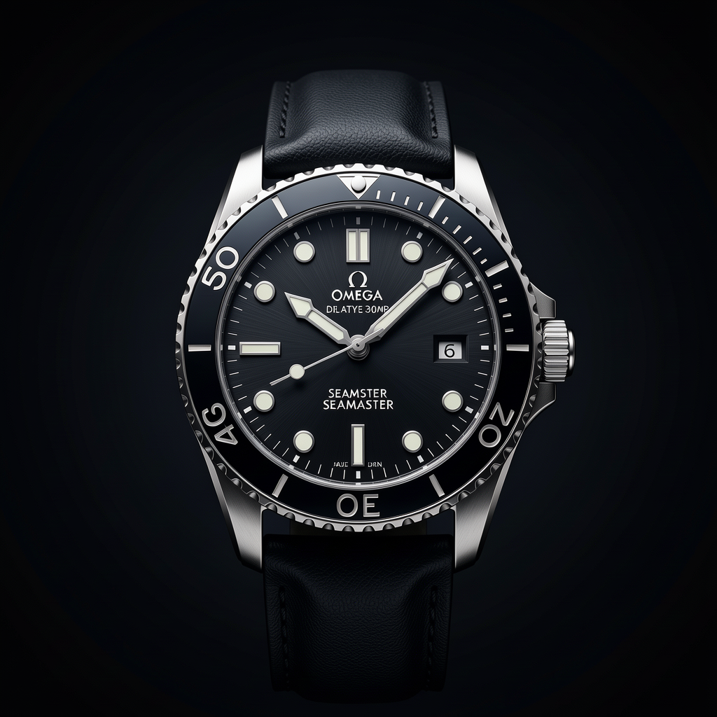 Luxury Omega Seamaster Diver 300M timepiece, professional product photography, elegant dark background with gradient, dramatic lighting, macro detail, premium quality, 4K, sharp focus