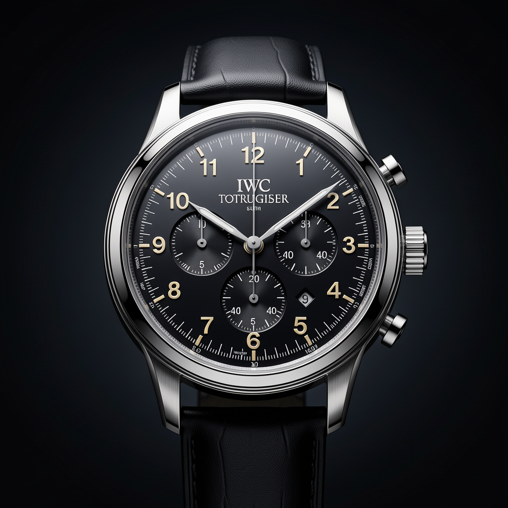 Luxury Iwc Portugieser Chronograph timepiece, professional product photography, elegant dark background with gradient, dramatic lighting, macro detail, premium quality, 4K, sharp focus