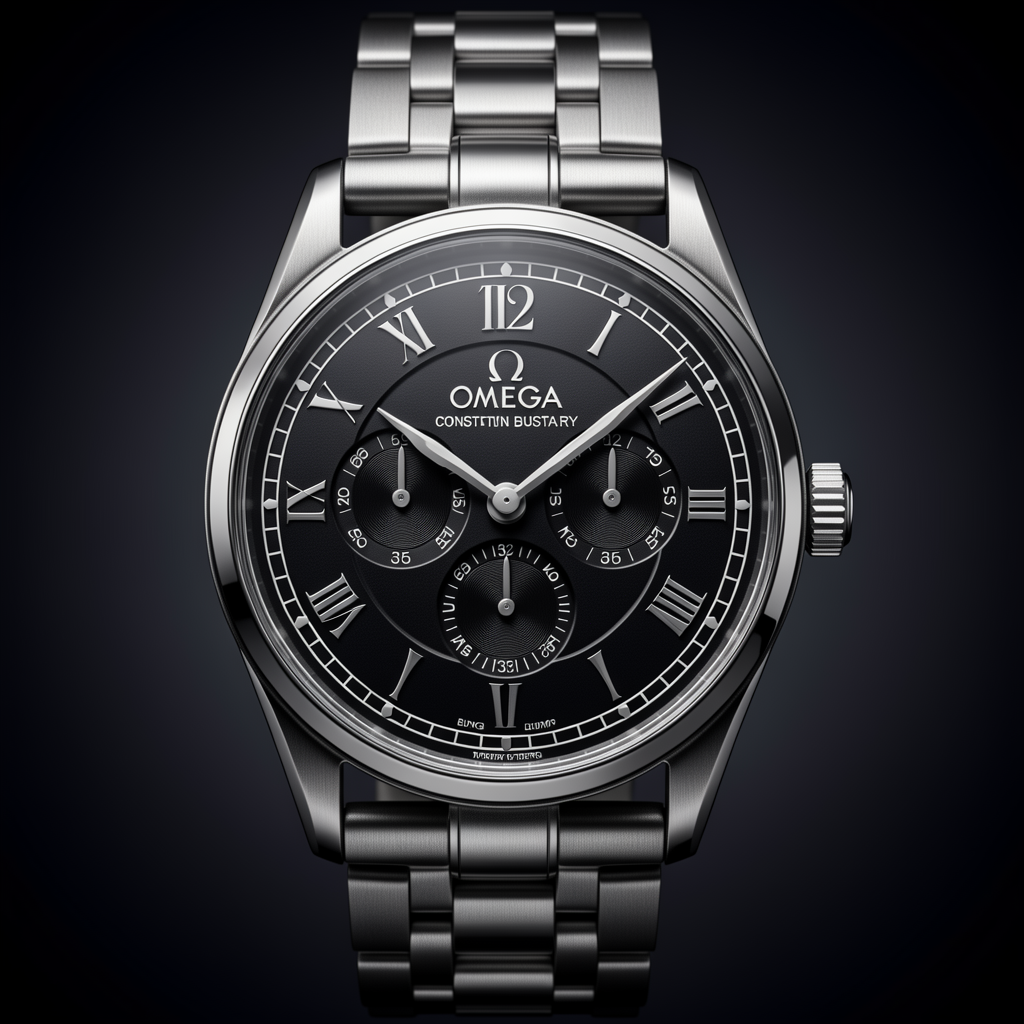 Luxury Omega Constellation Buying timepiece, professional product photography, elegant dark background with gradient, dramatic lighting, macro detail, premium quality, 4K, sharp focus