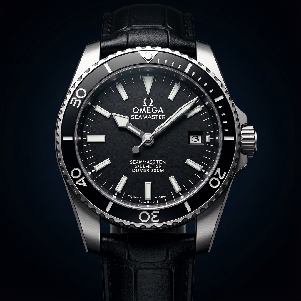 Luxury Omega Seamaster Diver 300M timepiece, professional product photography, elegant dark background with gradient, dramatic lighting, macro detail, premium quality, 4K, sharp focus