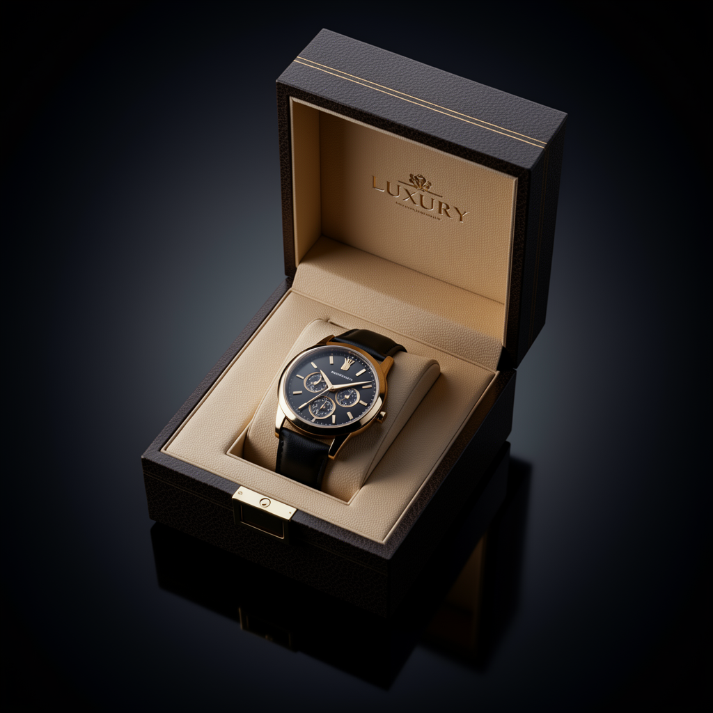 Luxury Luxury Watch Box timepiece, professional product photography, elegant dark background with gradient, dramatic lighting, macro detail, premium quality, 4K, sharp focus
