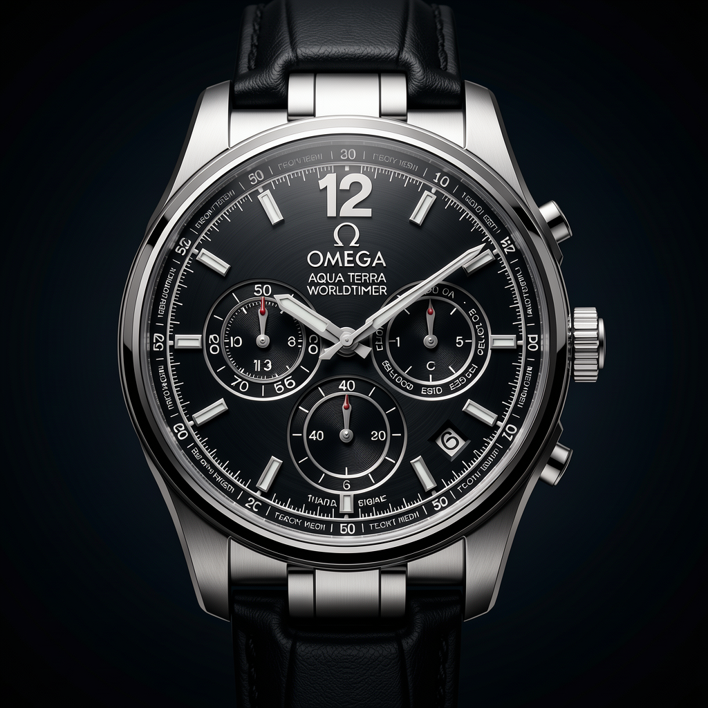 Luxury Omega Aqua Terra Worldtimer timepiece, professional product photography, elegant dark background with gradient, dramatic lighting, macro detail, premium quality, 4K, sharp focus