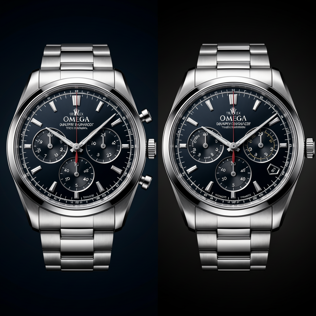 Luxury Omega Vs Rolex Comparison Detailed Comparison timepiece, professional product photography, elegant dark background with gradient, dramatic lighting, macro detail, premium quality, 4K, sharp focus