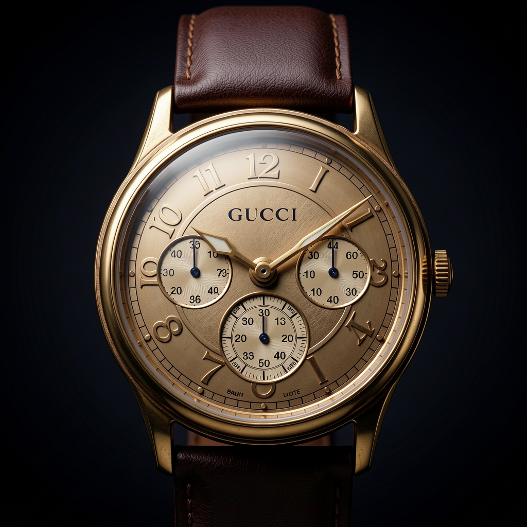 Luxury Gucci Vintage Watch timepiece, professional product photography, elegant dark background with gradient, dramatic lighting, macro detail, premium quality, 4K, sharp focus