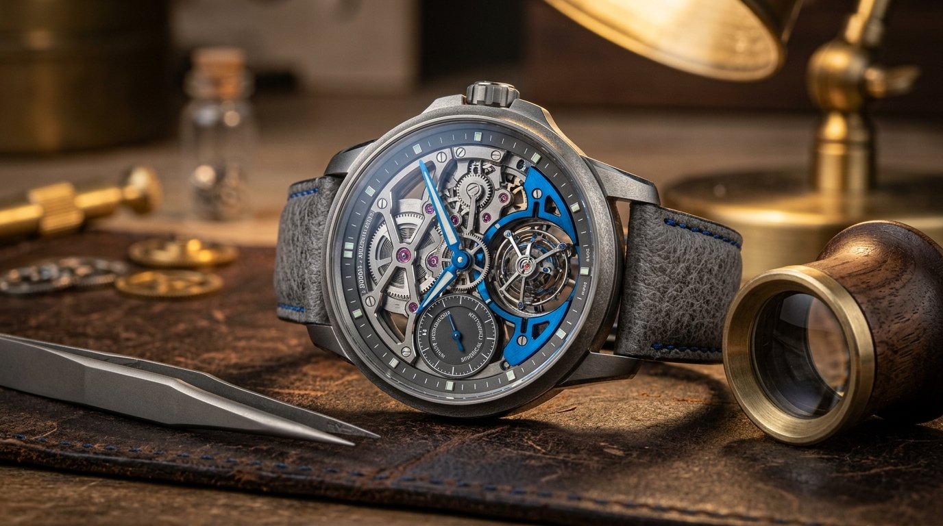 Independent haute horlogerie timepiece with architectural openworked movement and thermal blued titanium bridge