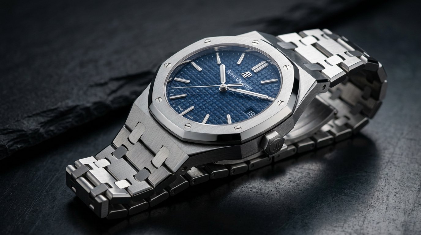 Stainless steel luxury integrated bracelet sports watch with royal blue tapisserie dial and octagonal bezel