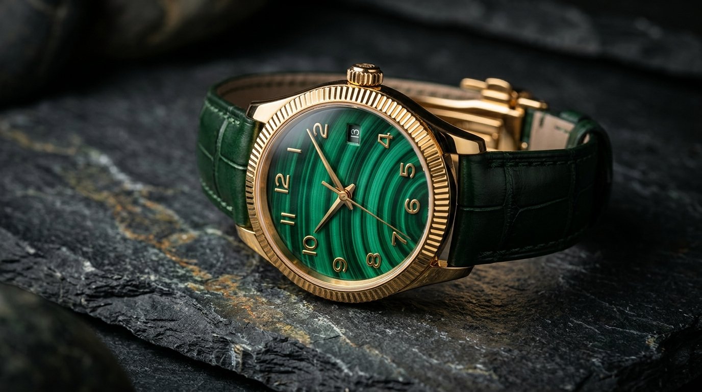 Luxury 18k yellow gold watch featuring a natural green malachite stone dial with emerald banding